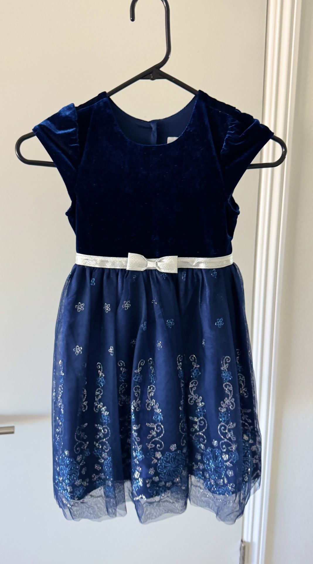 Girl’s Toddler’s Navy Blue Velvet Tulle Glitter Holiday Formal Performance Dress Size 5