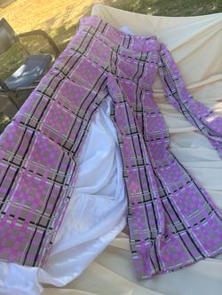 Pink Plaid Wide-Leg Flare Pants