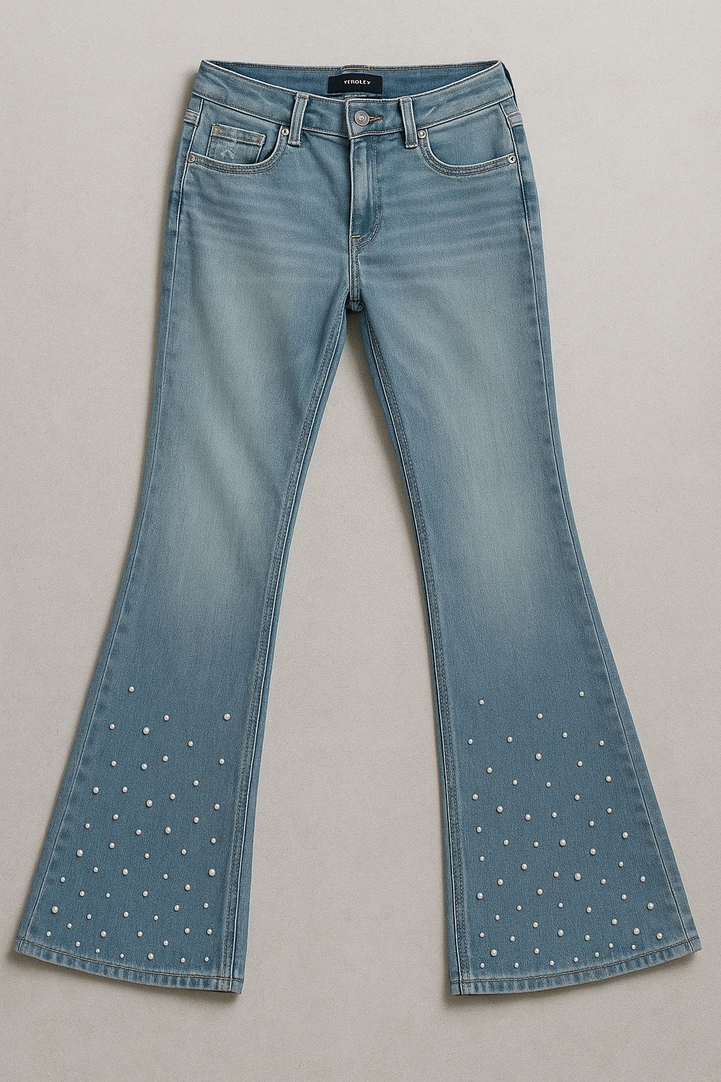 Vintage Style Flare Jeans with Pearl Embellishments – Women’s Size 10