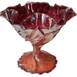 Vintage "Imperial" Acanthus Leaf Sunset Ruby Glass Footed Compote