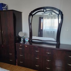 Everything for sale. Wardrobe,shelf with mirror, 2 small shelves next to the bed ,2 lamps 