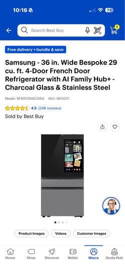 Samsung - 36 in. Wide Bespoke 29 cu. ft. 4-Door French Door Refrigerator with Al Family Hub+ - Charcoal Glass & Stainless Steel