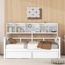 New In Box, Twin Bed With Storage Shelf And 2 Drawers