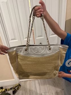 Tory Burch Gold Straw Tote Bag