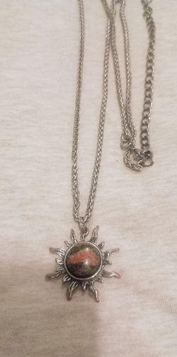 Sun Necklace Only Unakite Semi Precious Stone On 25" Sterling Silver Chain