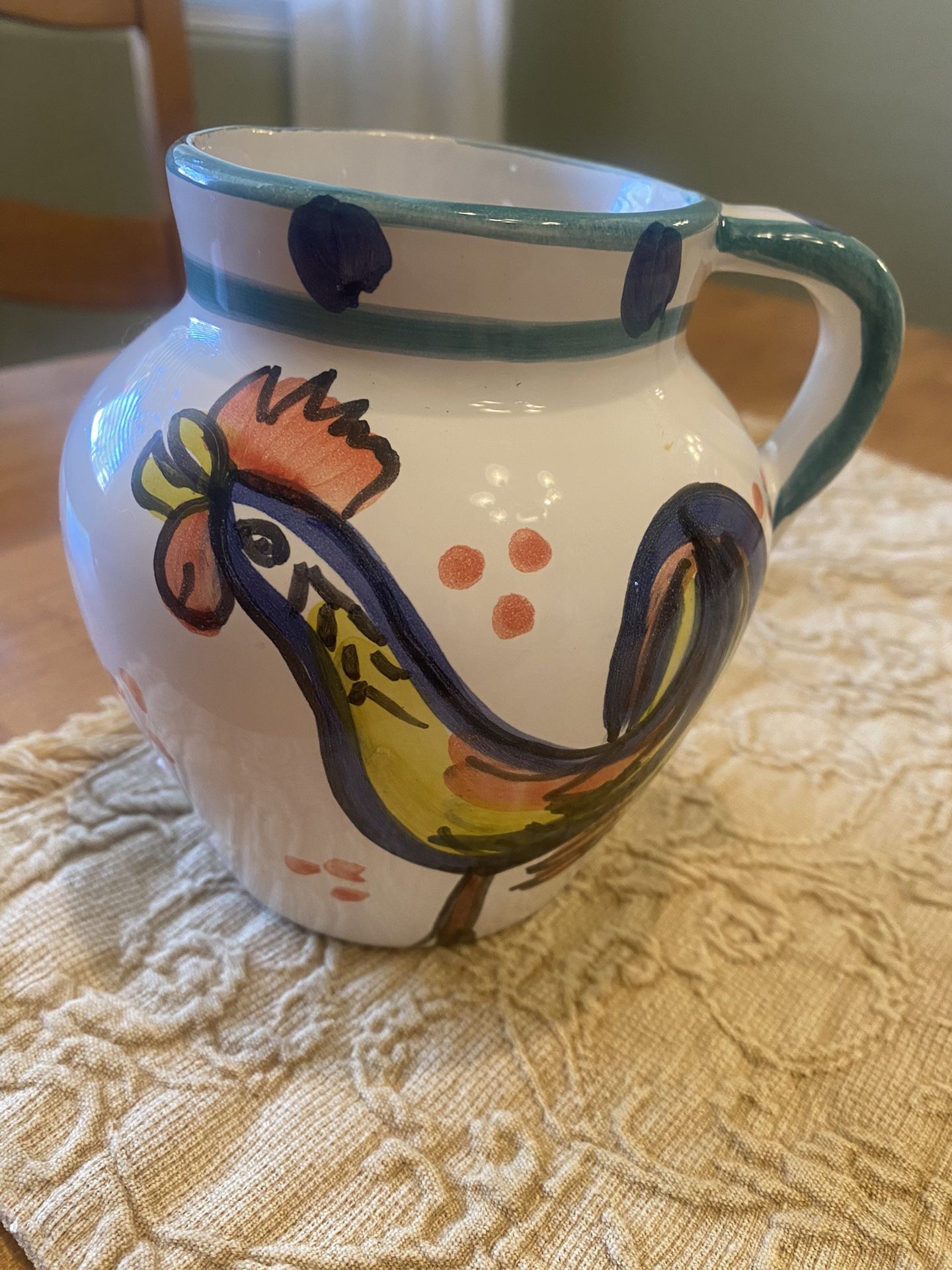 Artist signed Small pottery vase with Rooster and flowers. 5x5 inches. Small. Farmhouse/ cottage.