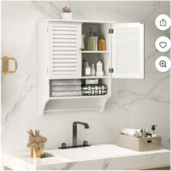 Wall Mounted Bathroom Cabinet w/Bar, Medicine Cabinet w/Double Louvered Doors, Storage Cabinet, White