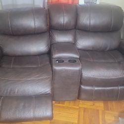 Brown Leather Power Recliner Love Seat 