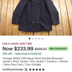 Vintage 1950s USN Naval Wool Double Breasted Jacket / Wool Jacket / 50s Jacket / Outdoor / Winter / Navy Pea Coat / True Vintage Size 16