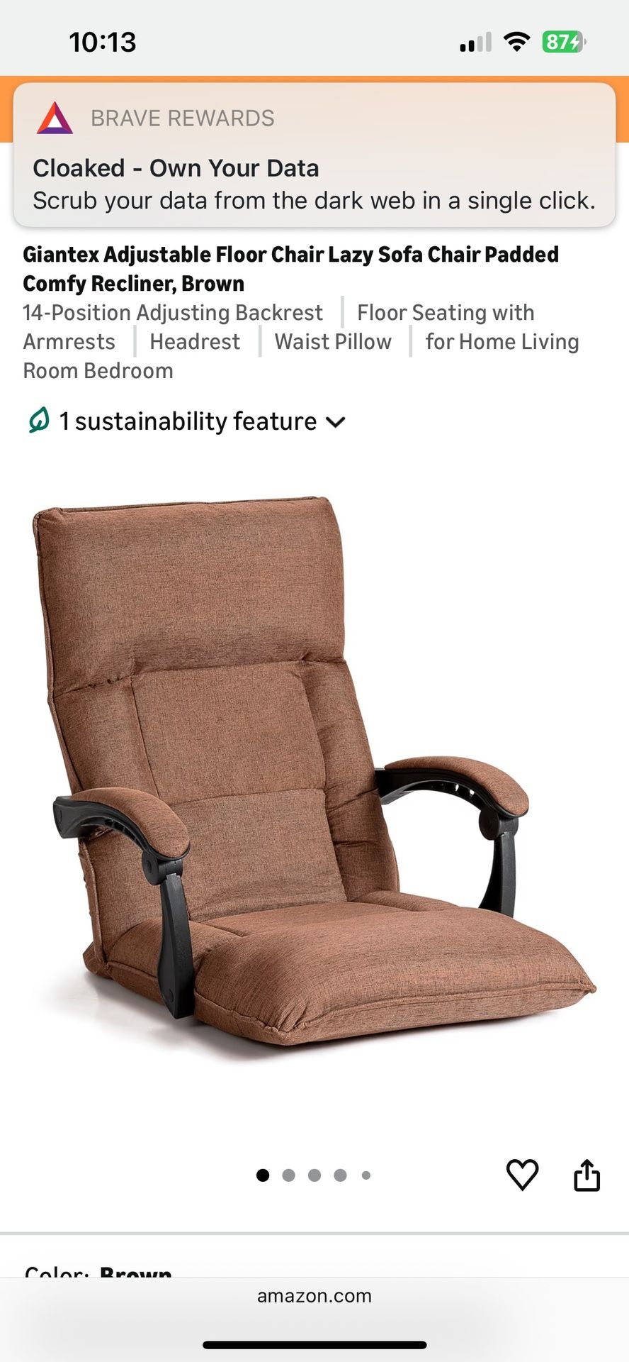 Giantex Adjustable Floor Chair Lazy Sofa Chair Padded Comfy Recliner, Brown New Never Used