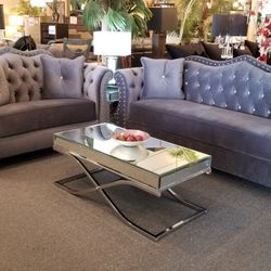 Brand New Gray Velvet Modern Sofa + Loveseat 2PCs Set