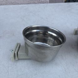Two Stainless Pet Water Or Feed Bowls That Attach To Crates