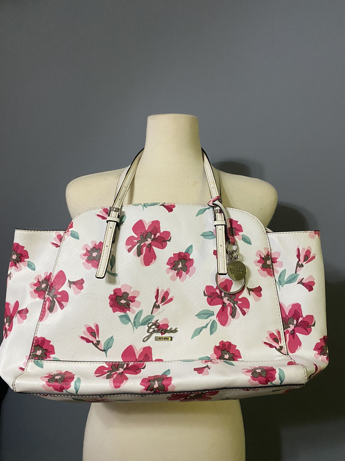 White and Floral Print Leather Guess Bag