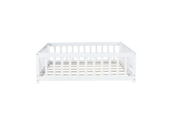 Full Size Floor Bed with Fence and Door,Rubber Wood Floor Bed with Safety Guardrails,White