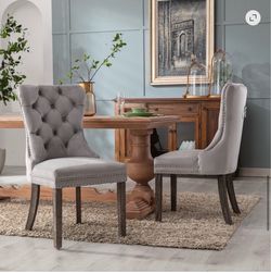 Velvet Tufted Dining Chairs Set of 2, Back Pull Ring Design with Nailhead Trim, Solid Wood Leg Upholstered Side Chairs for Kitchen & Dining Room, Ligh