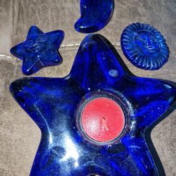 Blue Glass Star Candle Holder and Sun - Moon- Star
