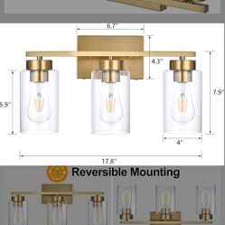 3-Light Bathroom Vanity Light, Modern Brushed Gold Wall Lights with Clear Glass Shades, Bathroom Wall Sconce Lamp for Mirror Living Room Bedroom Hallw