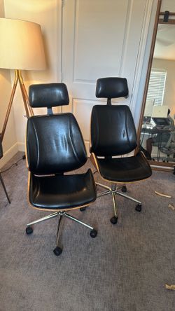 Pair of Executive Mid-Century Modern Leather Office Chairs – Walnut Wood – Retail $1,150