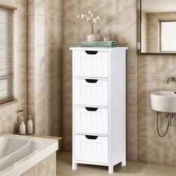 New Bathroom Floor Storage Cabinet with 4 Drawers  Freestanding White