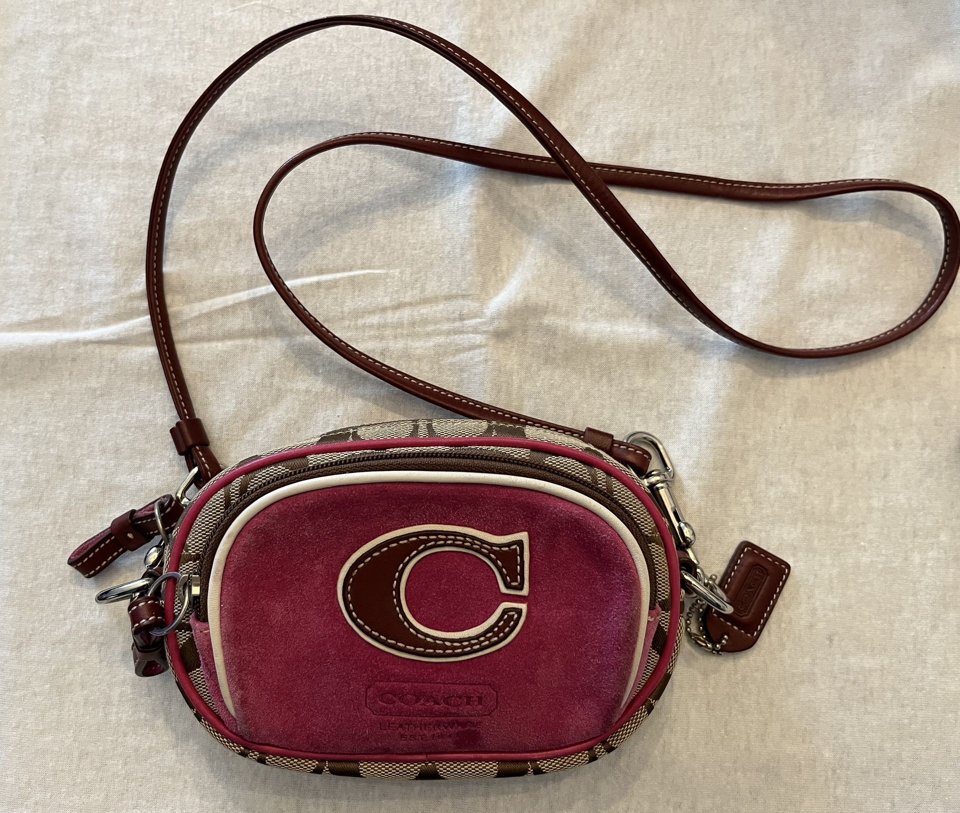 COACH RARE Jacquard Signature C Pink Suede Camera Crossbody Bag 