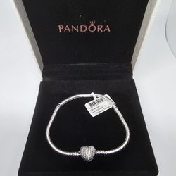 Pandora Moments Sparkling Heart Claps Snake Chain Charm Bracelet Size 7.5 In
