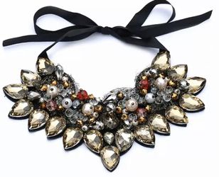 Rhinestone and pearl ribbon back necklace! Perfect if you have allergies to metal! Non metal statement necklace!