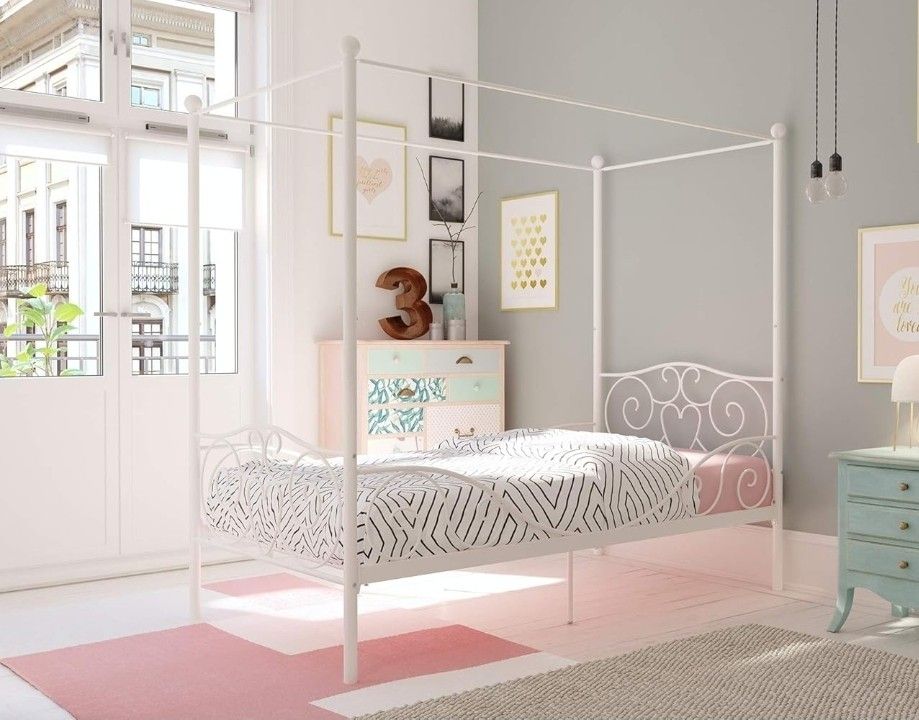 New Inbox Twin Canopy Bed Metal White Mattress Not Included But Available For Extra Charge
