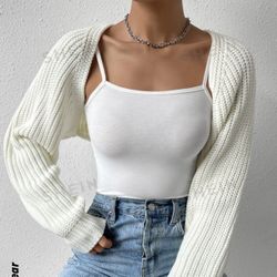 SHEIN EZwear Balletcore Ribbed Knit Raglan Sleeve Shrug Crop Cardigan Without Cami Top