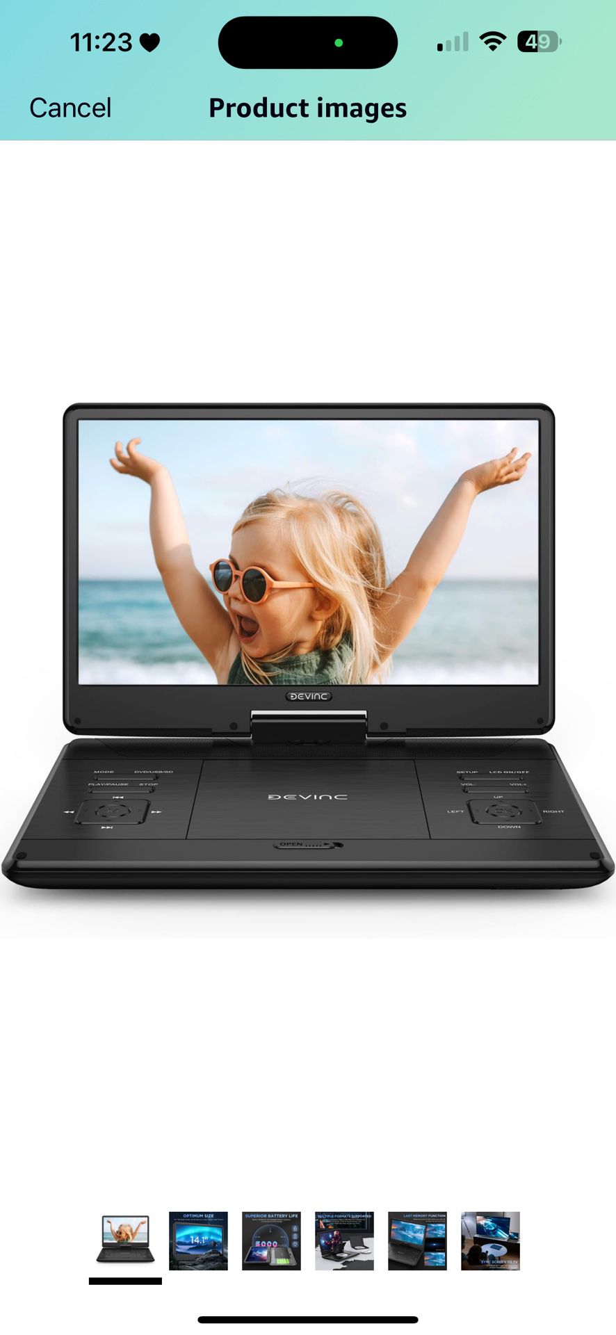 16.9" Portable DVD Player with 14.1" Large HD Screen, Support Multiple DVD CD Formats/USB/SD Card, 6 Hours Rechargeable Battery, Sync TV, Dual Speaker
