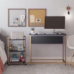 Desk with Rolling Cart in Navy/Gold