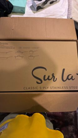The item pictured is the Sur La Table Classic 5-Ply Stainless Steel 10-Piece Cookware Set, which is worth $849.95 when purchased brand-new from Sur La