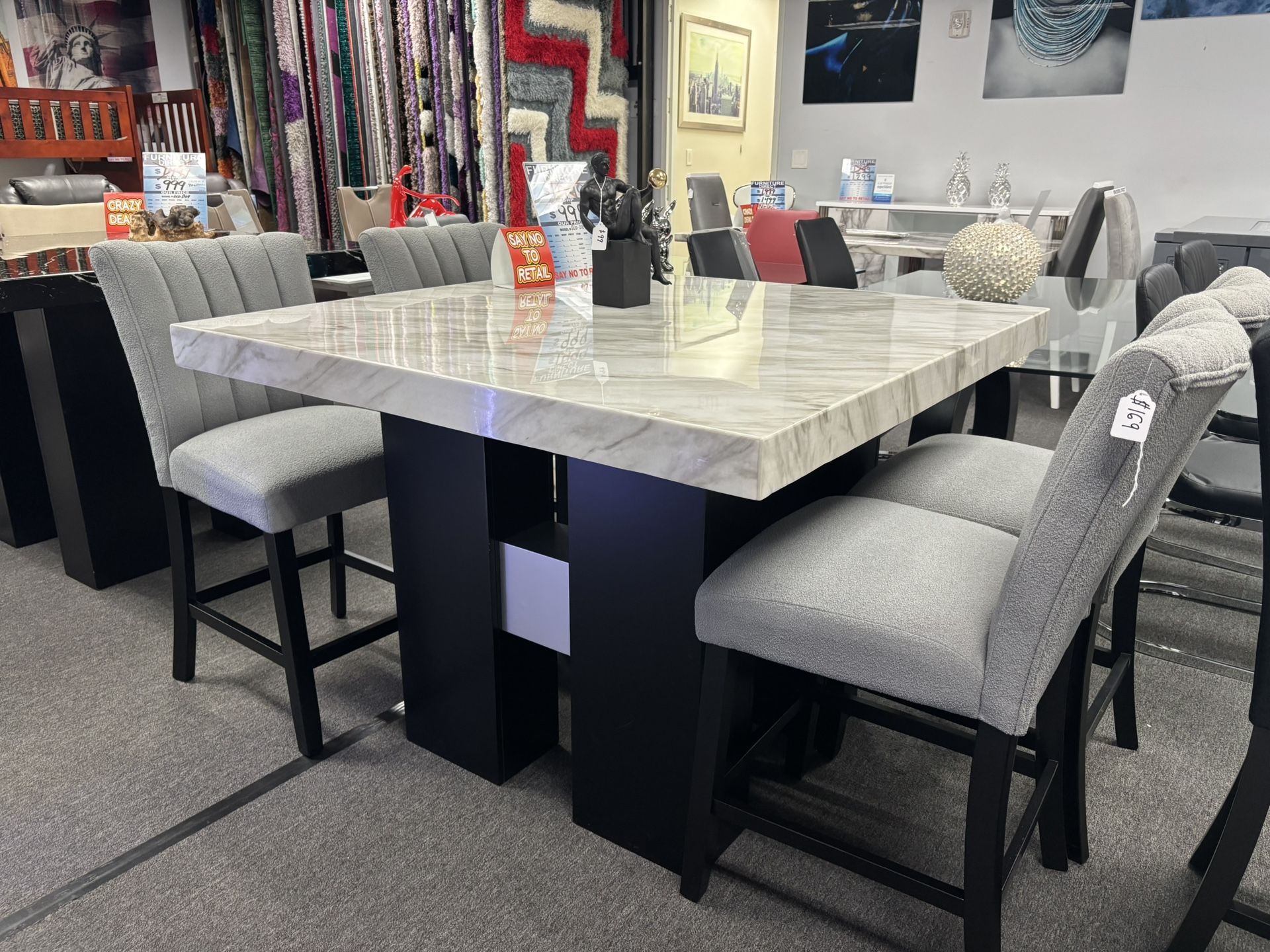 Gray/Brown Top Marble Bar Table W/ Black Sturdy Base W/ 4 Microfiber FREE Bar Stools ( We Deliver)