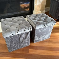 Storage Ottoman Cube Set Grey Velvet Collapsible 