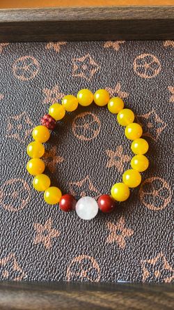 Natural Yellow Agate Gemstone Bracelet | 10mm Beads | 12mm+ Rose Quartz Focal Bead | 3 Cinnabar Accents | Handmade