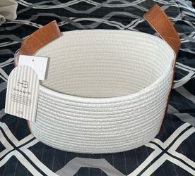 New HB Charming Cotton Rope Tote - Woven Storage Basket with Leather Handles