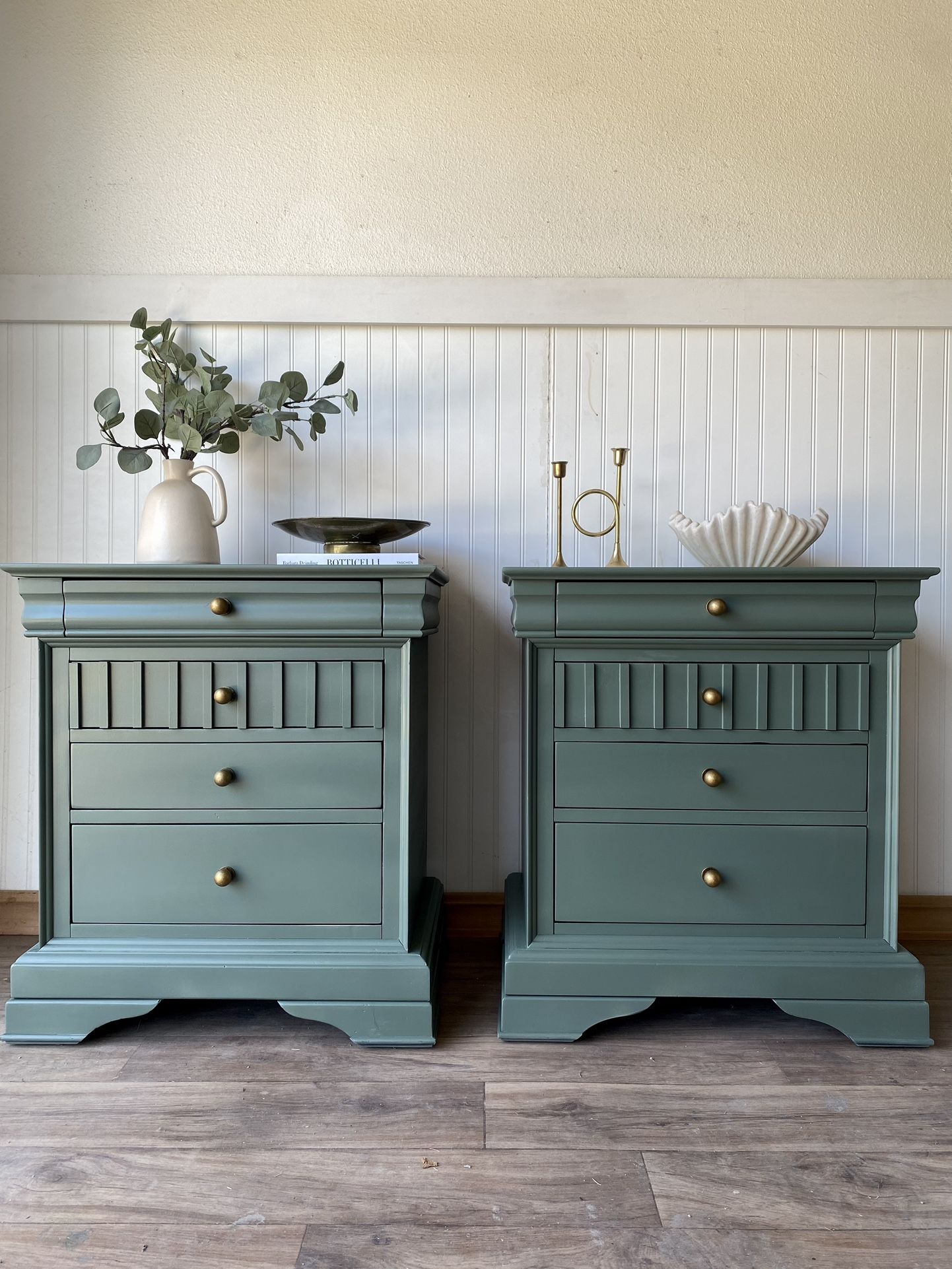 Moody Teal Dusty Green Set of Nightstands/End Tables with Wood Accents Bronze Hardware