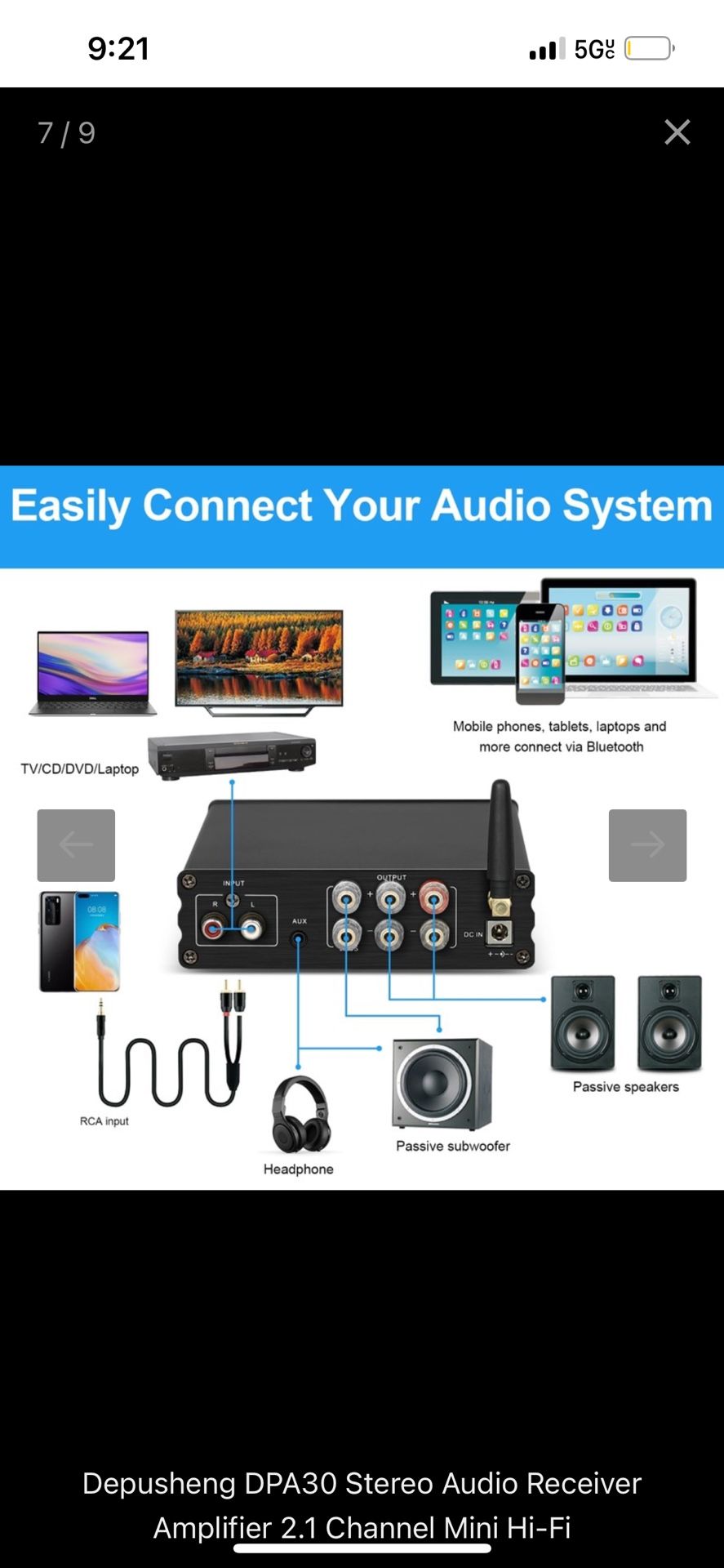 DPA30 Stereo Audio Receiver Amplifier 2.1 Channel Mini Hi-Fi Bluetooth 5.0 Audio Component Amplifier 50 Watt x2+100 Watt for Home Outdoor Passive Spea