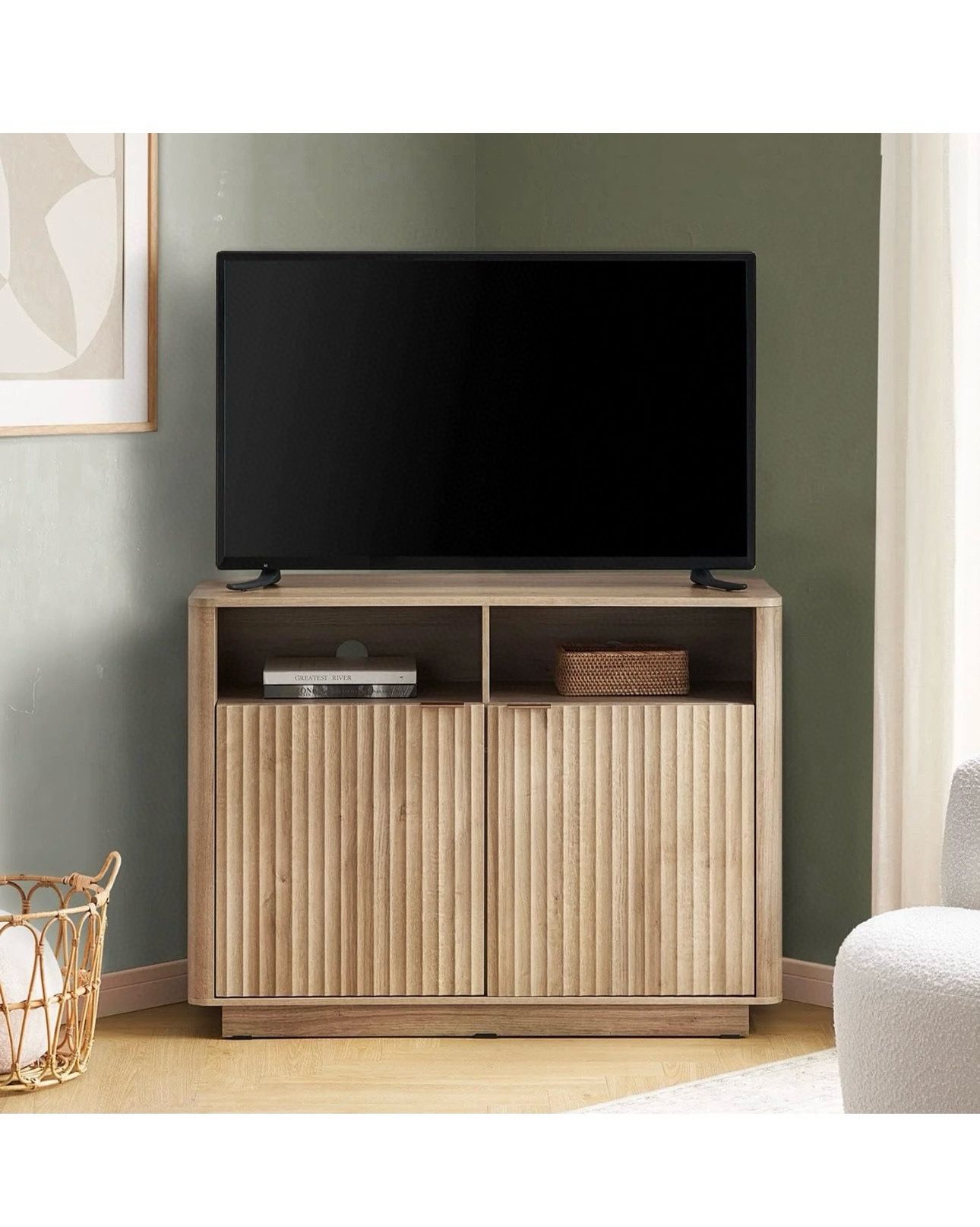 mopio Brooklyn Corner Storage Cabinet, Mid Century Modern Buffet, Entertainment Center, Storage Cabinet with Doors and Shelves, Media Cabin