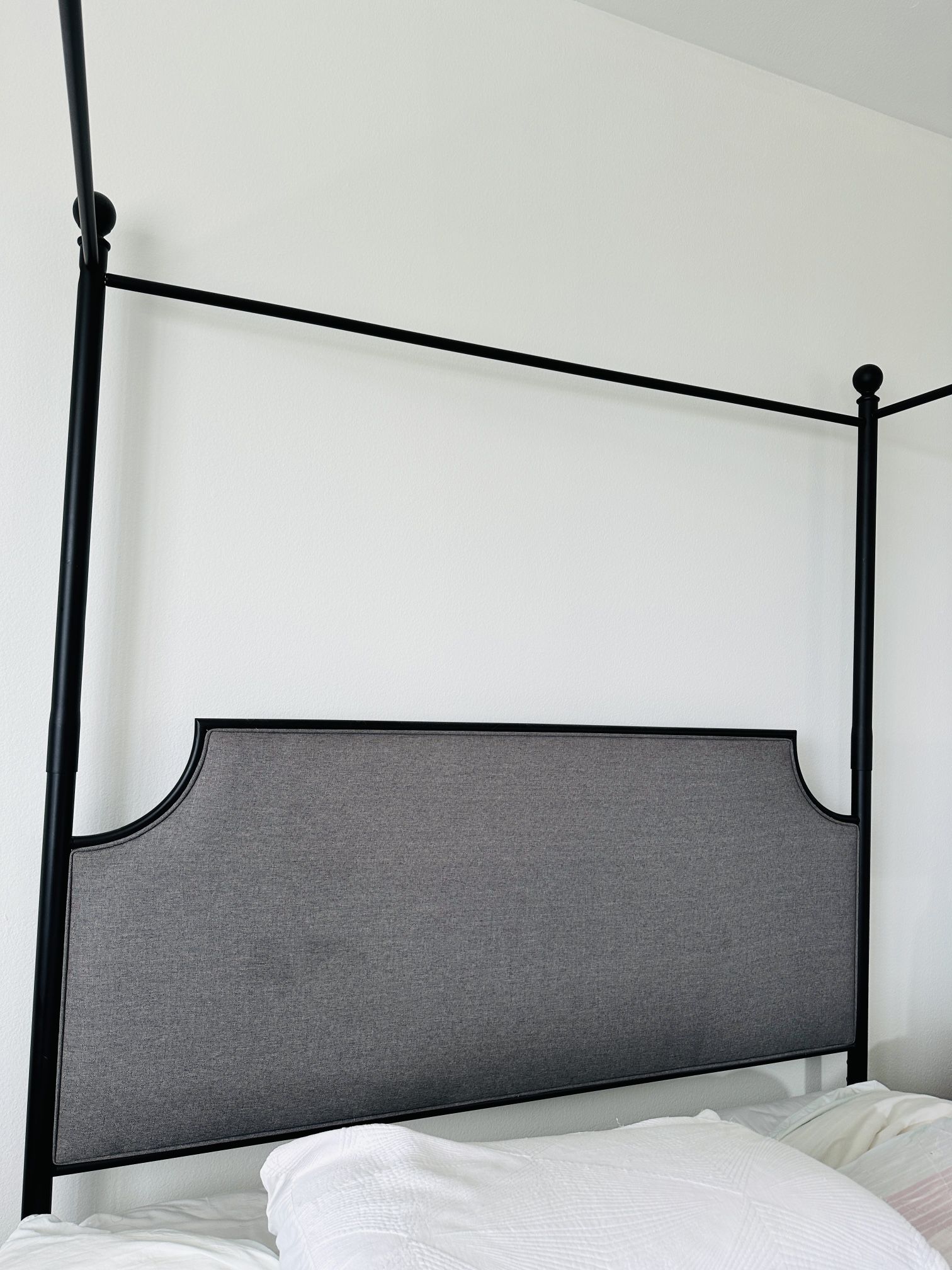 Queen Black Metal And Grey Upholstery Canopy Bed + Mattress + Box Spring