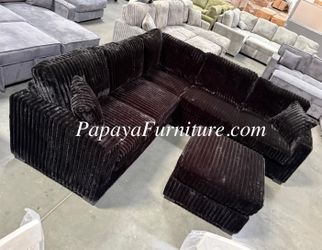 NEW Teddy Bear Fur like Modern Classic Black Fabric Corner Sectional Sofa and Ottoman Set Ashley style BIG COUCH SALE Discount Furniture Warehouse