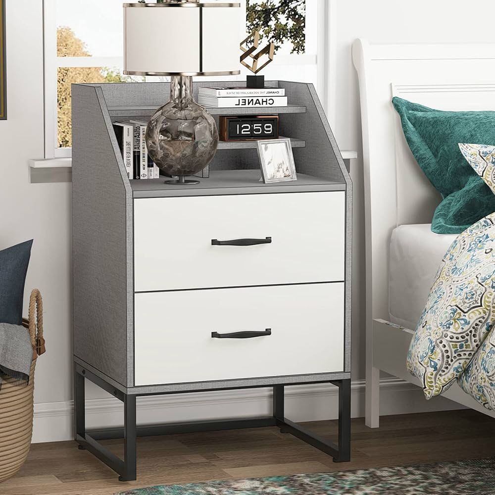 Tribesigns Nightstand Bedside Table with 2 Drawers, Modern End Table Side Table with Storage Shelves, Bedside Furniture Storage Cabinet with Steel Fra