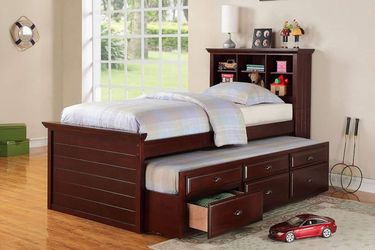Dark Cherry Finish Twin Size Bed w/Trundle Bookcase Headboard Storage Drawers