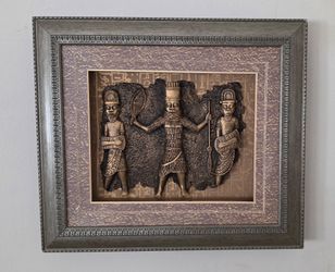 Vintage Nigerian Benin Bronce Framed Plaque 3 Royal Warriors  African Tribal