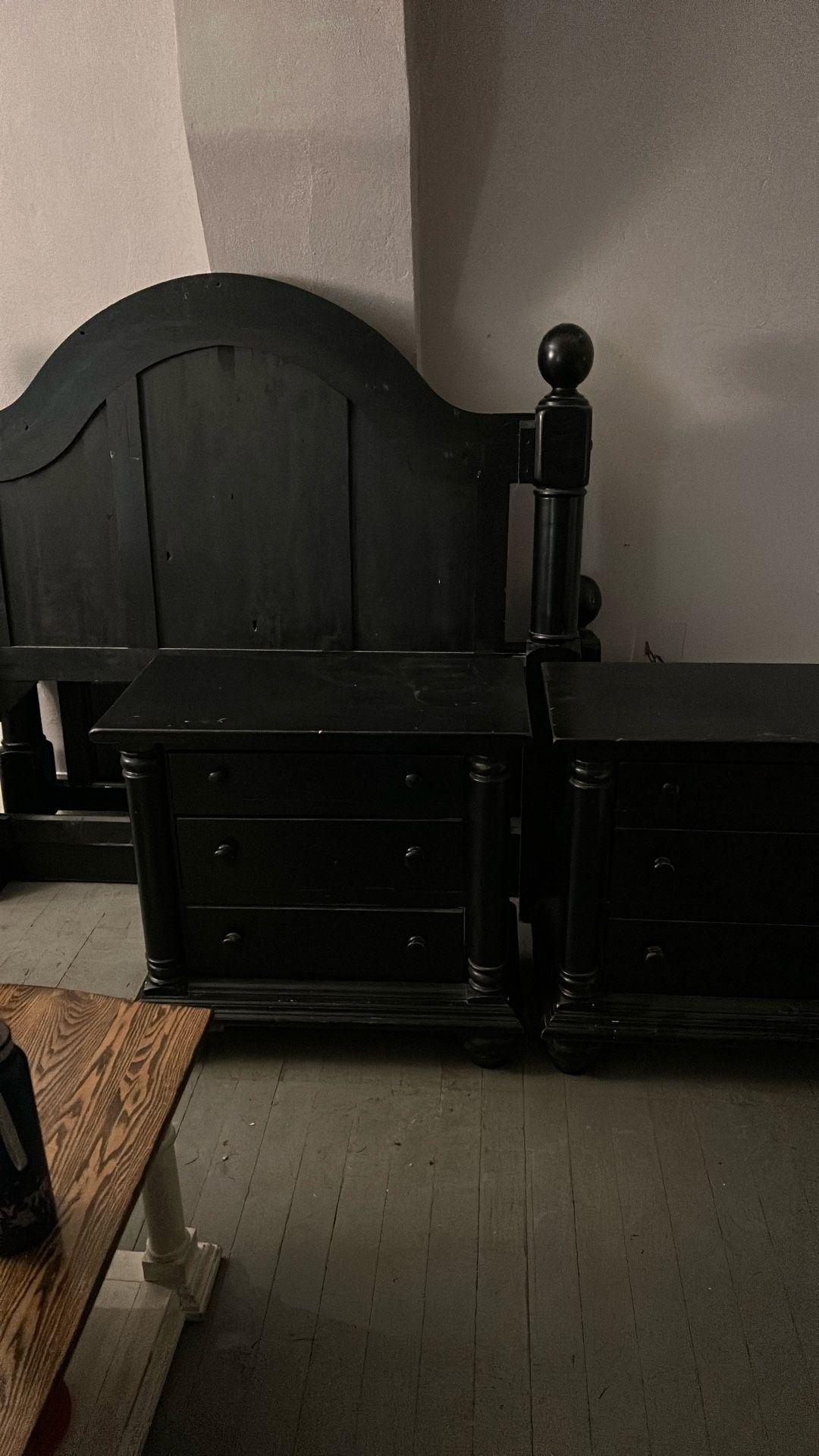 Four Post Bed Frame Queen Size. And Matching End Tables Antique Black