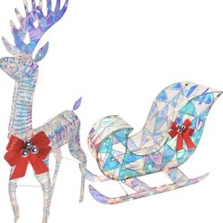 Iridescent Christmas Reindeer and Santa Sleigh Set, Lighted Christmas Yard Decoration, Perfect for Indoor or Outdoor Lawn Ornaments - 4ft w/ 140 Light