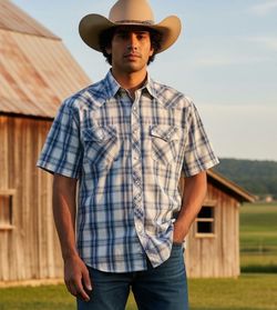 Wrangler western shirt men Large Blue Plaid  Pearl Snap short sleeve