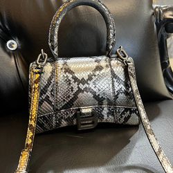 Balenciaga Black/Silver Snakeskin Embossed Leather Hourglass Small Top Handle Bag