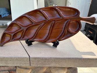Vintage LARGE Caribcraft Solid Mahogany Leaf Shaped Serving Tray Made In Haiti