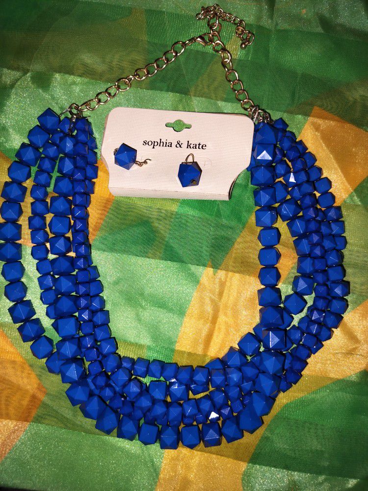 NWT Sofia And Kate Matching Blue Beaded 5 stranded Necklace And Earring Set 