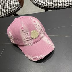 Moncler Pink Denim Distressed Baseball Cap With Logo Patch